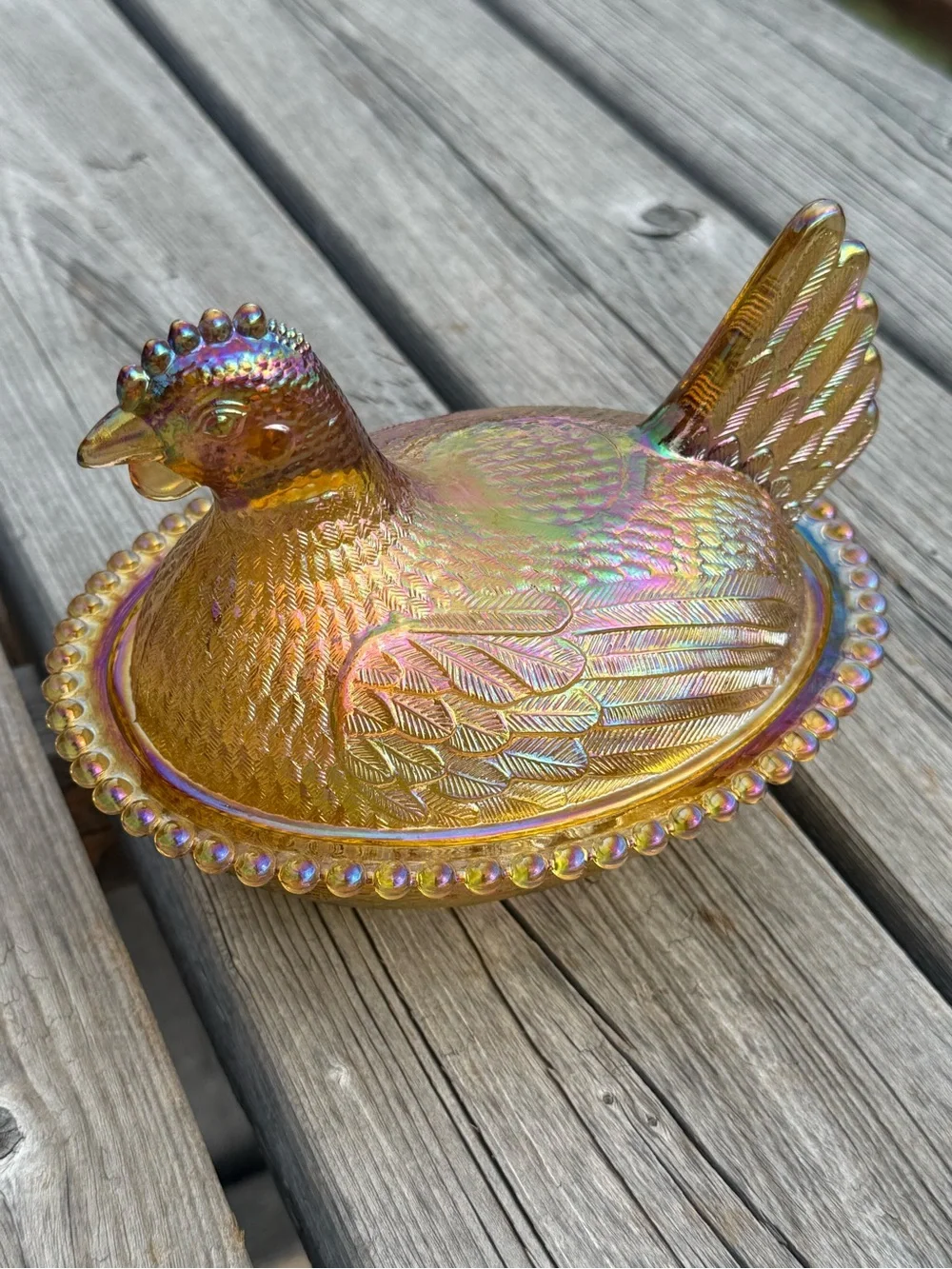 Indiana Glass Iridescent Gold Hen on Nest Dish